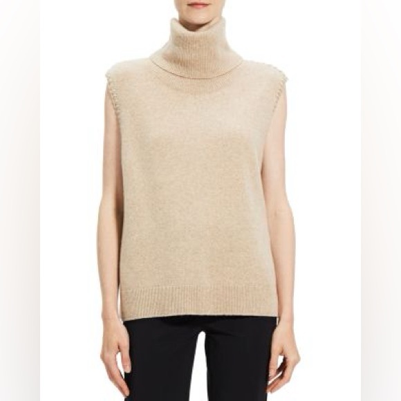 Theory 100% Cashmere Tan Cowl Turtleneck Vest Sweater Sleeveless Top, S - Picture 3 of 16
